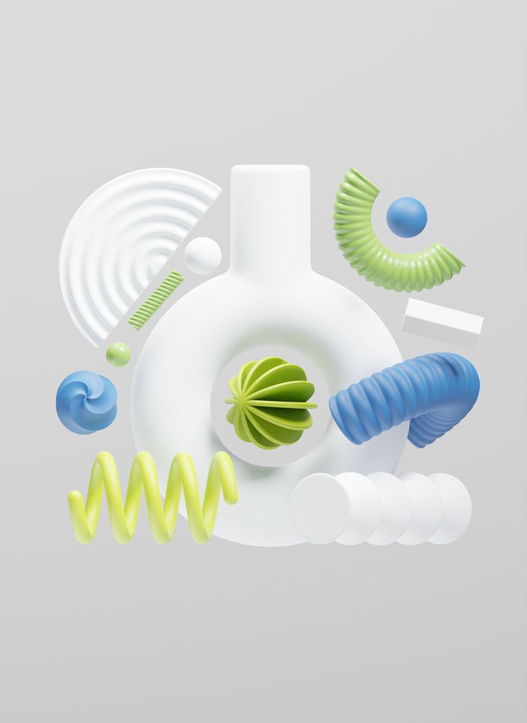 A dynamic 3D design of colorful geometric shapes on a neutral background.
